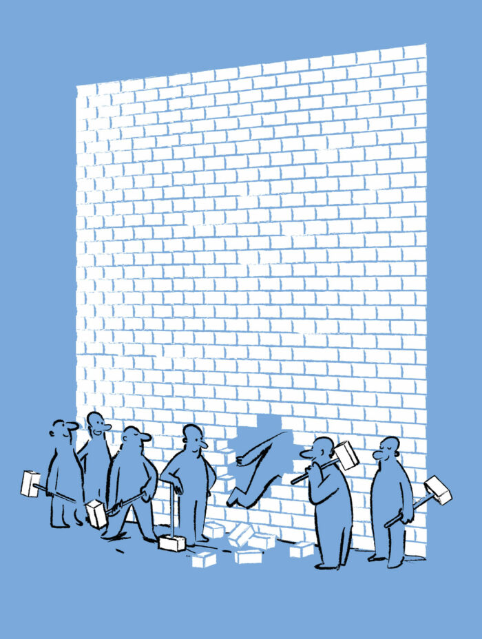 illustration d'un groupe de personnages cassant un mur