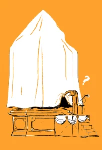 Illustration d'une statue recouverte d'un drap d'inauguration avec un personnage curieux