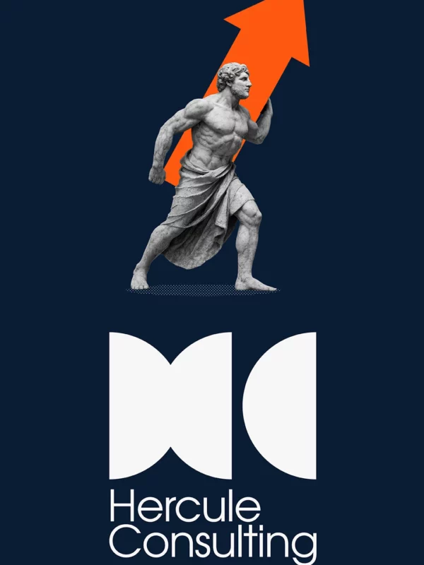 Illustration de Hercule portant une grosse flèche. Logo consulting financier